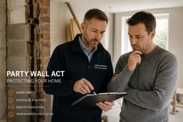 Party wall surveyor Amersham discussing extension plans with homeowner outside a UK semi-detached house.